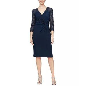 Alex Evening Womens Size 6 Navy Embellished Twist-Front Embroidered Sheath Dress